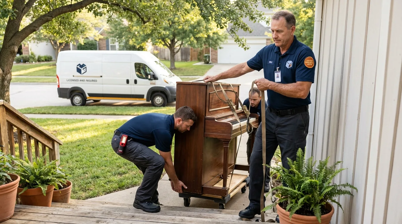 Licensed piano movers securing grand piano in Godfrey, IL
