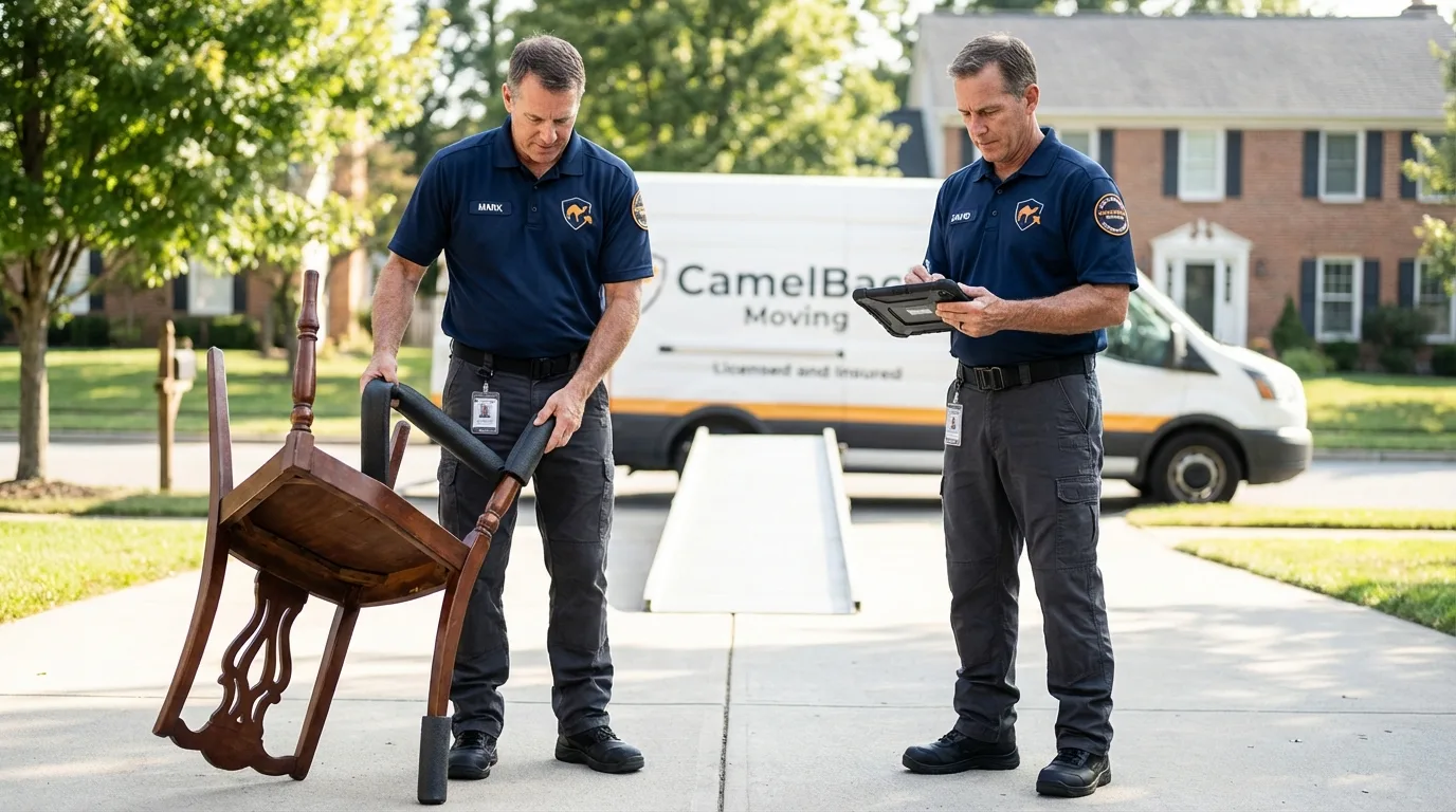 Movers inspecting furniture for damage prevention before loading in Godfrey, IL