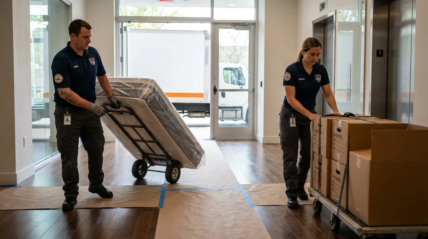 Professional apartment movers loading elevator in Godfrey, IL